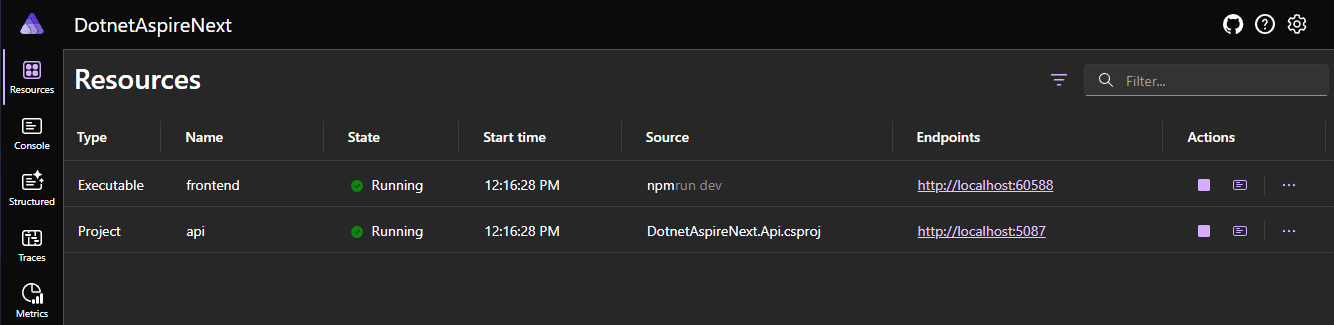 Image of the Aspire Dashboard showing the API and Next.js app running