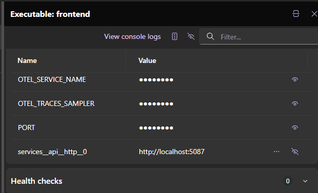Image of the Aspire Dashboard showing the environment variables for the frontend project